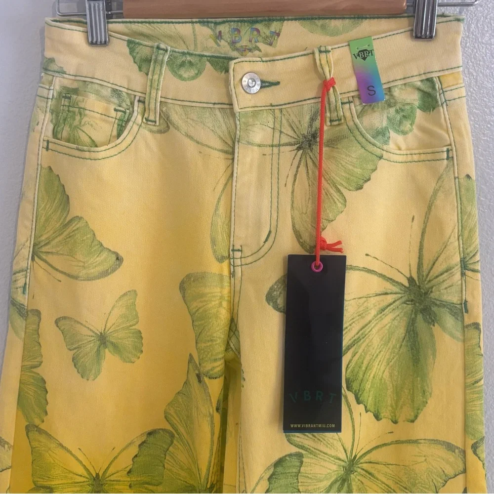 NWT VBRT Vibrant Miu Butterfly Print Yellow Green Wide Leg Fairycore Jeans S - Picture 3 of 13
